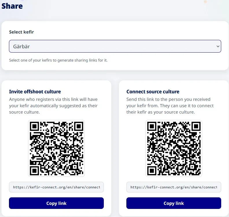 Share page with kefir selector and the two link cards “Invite offshoot culture” and “Connect source kefir” with QR codes