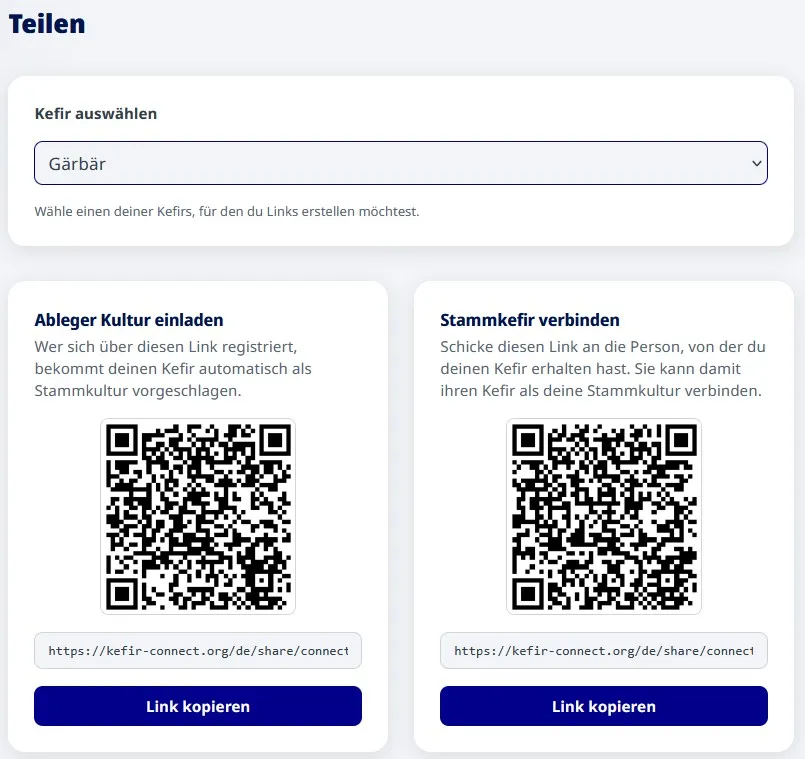 Teilen-Seite mit Kefir-Auswahl und den beiden Link-Karten „Ableger Kultur einladen“ und „Stammkefir verbinden“ mit QR-Code